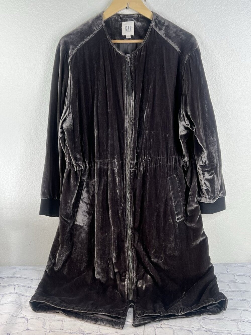 Gap Silky Velvet Midi Bomber Jacket Color Pavement Grey Size M - Picture 7 of 7